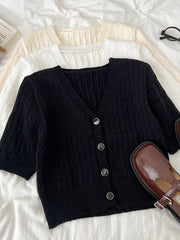 Black cable-knit cropped cardigan with V-neck and buttons, short sleeves