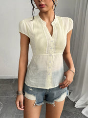 Cream V-neck cap sleeve maternity overshirt with pintuck detail and buttons
