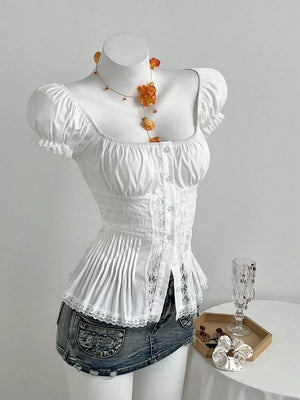 Lace Button Up Short Sleeve Shirt, back view