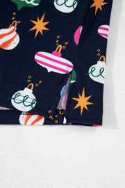 Navy blue loungewear set with festive bauble print and side slits.