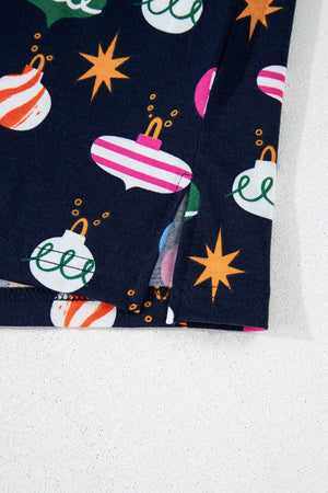 Navy blue loungewear set with festive bauble print and side slits.