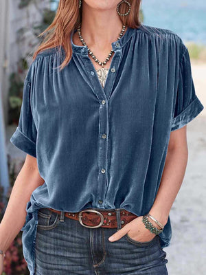 Velvet button-down blouse in Dusty Blue with mandarin collar and short sleeves