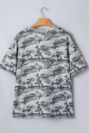 Camouflage v-neck relaxed tee with short sleeves and a grey camo pattern.