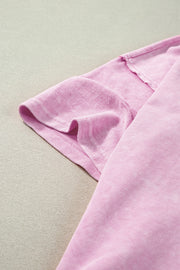 Pink acid wash tee with layered sleeves and raw hem detail