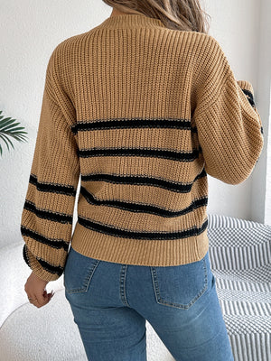 Caramel striped knit sweater with crew neck and balloon sleeves.