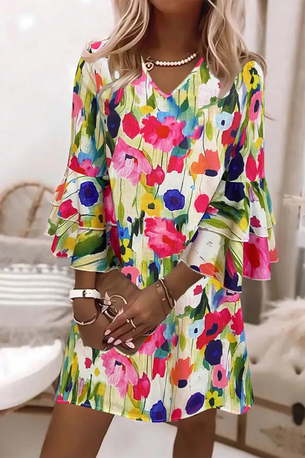V-neck Ruffle Sleeve Floral Mini Dress in Multicolor, front view
