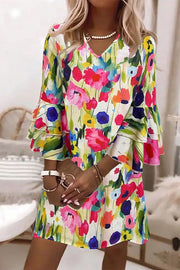 V-neck Ruffle Sleeve Floral Mini Dress in Multicolor, front view