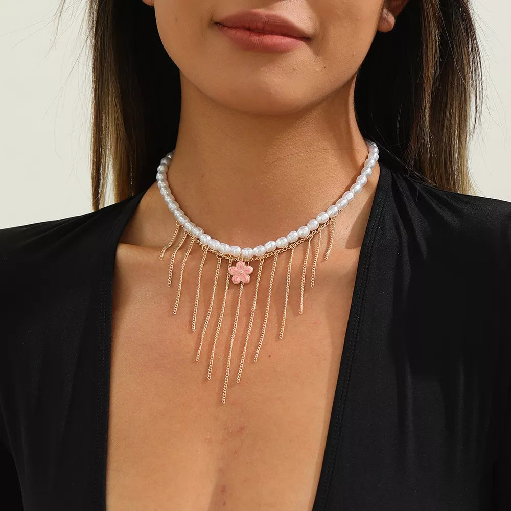 Elegant 18k Gold-plated Synthetic Pearl Choker Necklace in White, model styling view