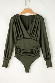 Army green long sleeve bodysuit with draped V-neck and ruched waist detail