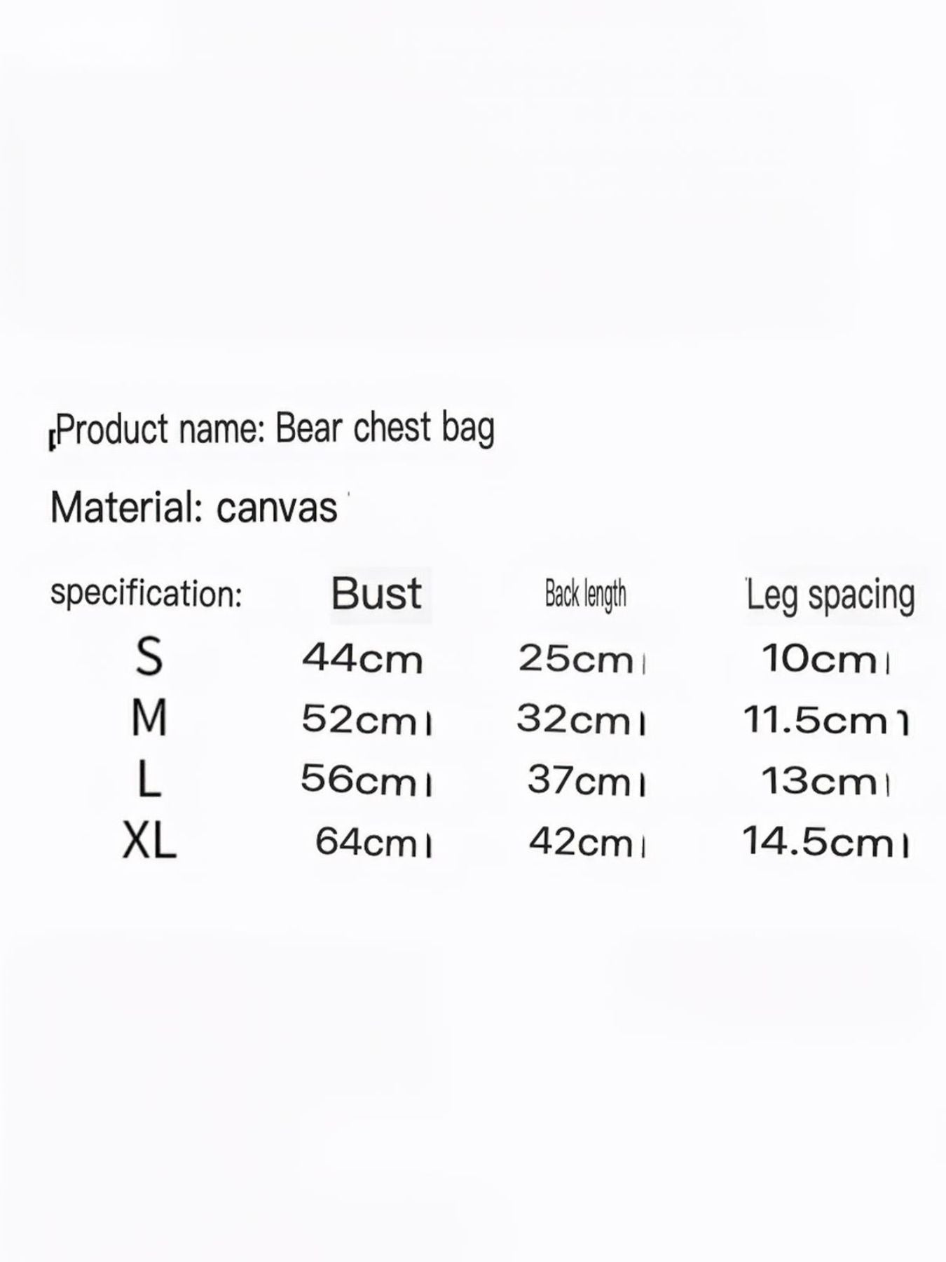 Bear chest bag size chart: canvas material, bust, back length, leg spacing for S, M, L, XL.