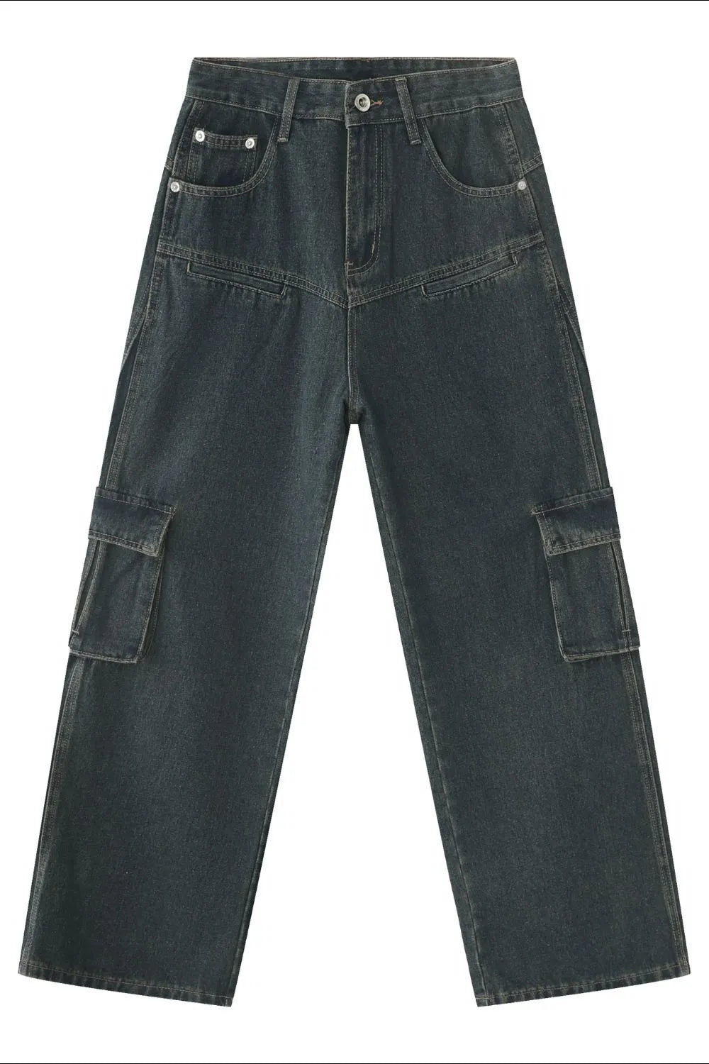 Panelled dark denim cargo pants with multiple pockets and a relaxed fit.