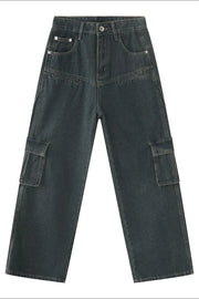 Panelled dark denim cargo pants with multiple pockets and a relaxed fit.