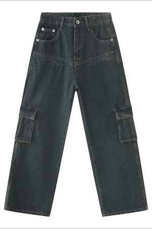 Panelled dark denim cargo pants with multiple pockets and a relaxed fit.