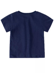 Navy blue cotton crew neck toddler t-shirt with short sleeves.