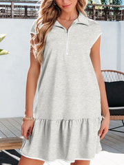 Light gray zip front cap sleeve dress with ruffle hem