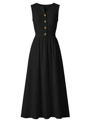 Black button front midi dress with V-neck and elastic waist