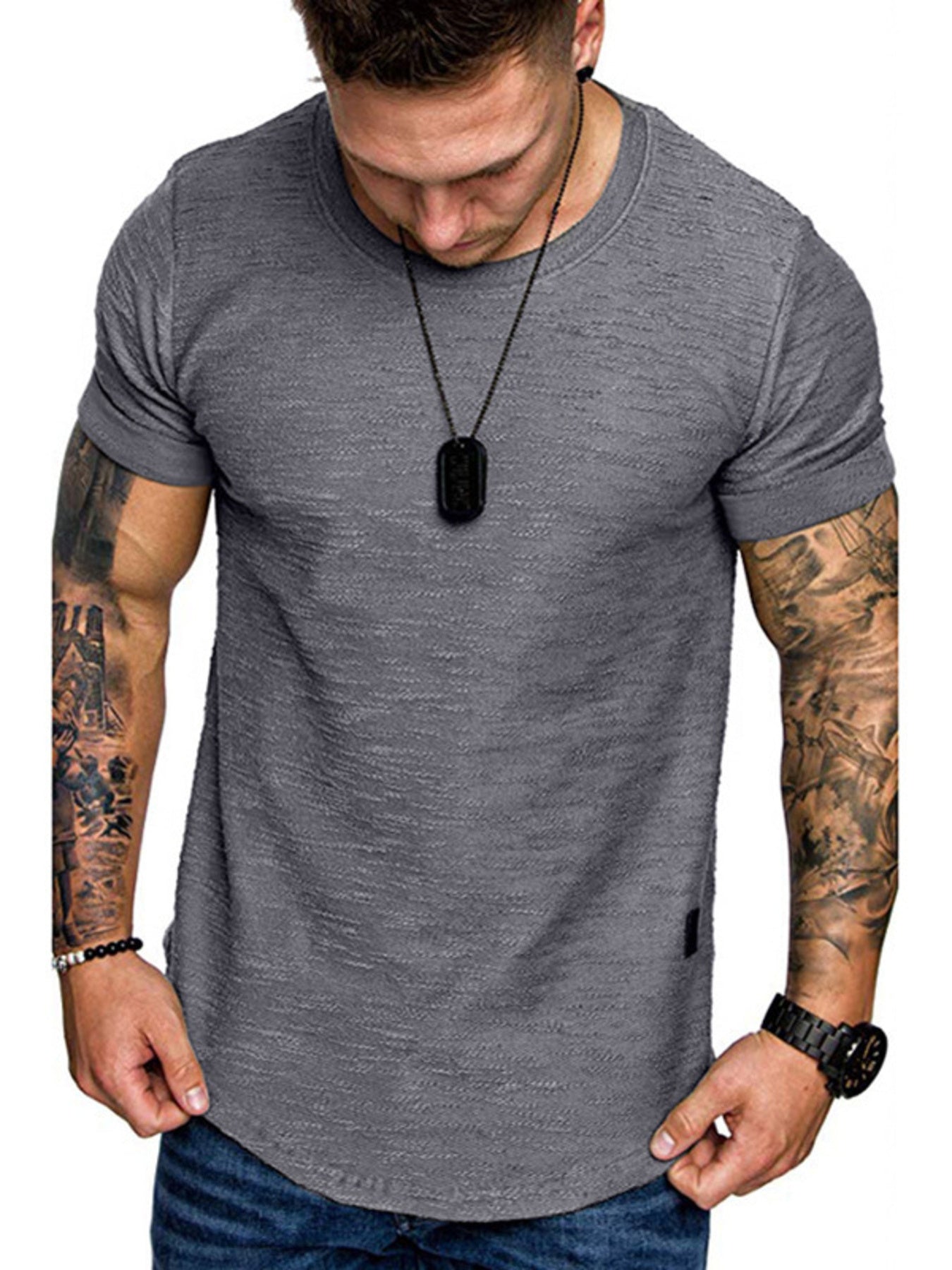 Men's grey slim fit crew neck t-shirt with textured fabric.
