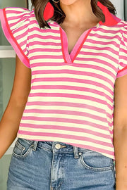 Pink and cream striped polyester overshirt with ruffled sleeves and a v-neck collar.