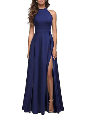 Royal blue sleeveless maxi dress with high neckline and thigh-high slit