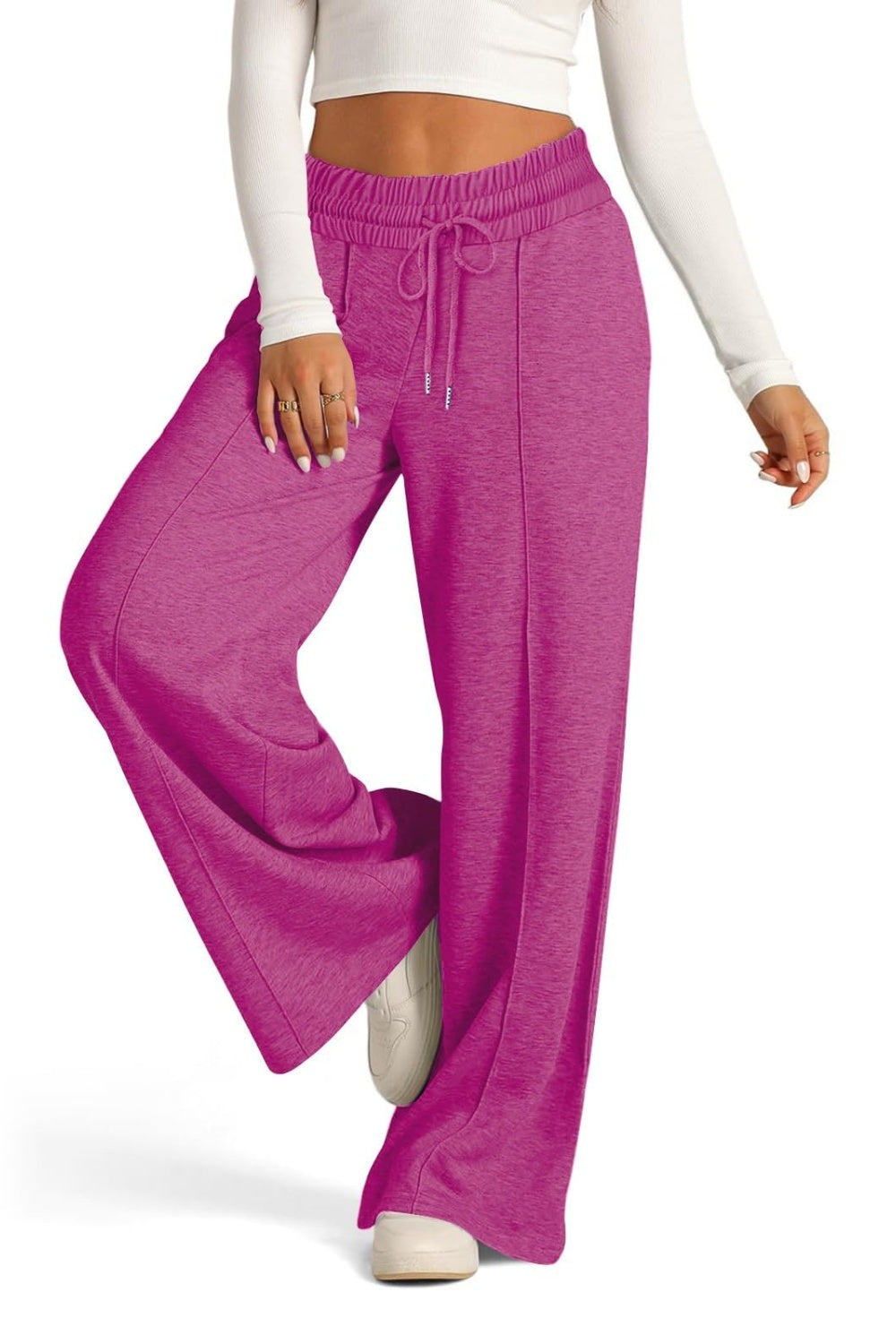Fuchsia pink seamed palazzo lounge trousers with drawstring waist and wide leg