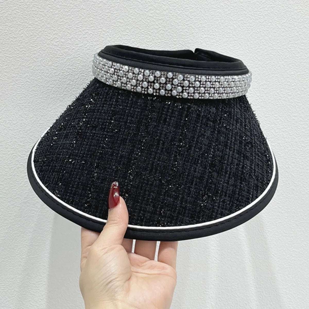Black tweed visor with pearl and rhinestone embellished band