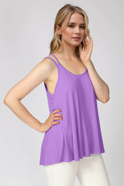 Purple double strap trapeze cami with a flowy fit and scoop neckline.