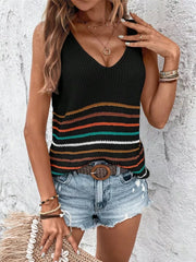 Chic striped knit vest with V-neck and colorful horizontal stripes.