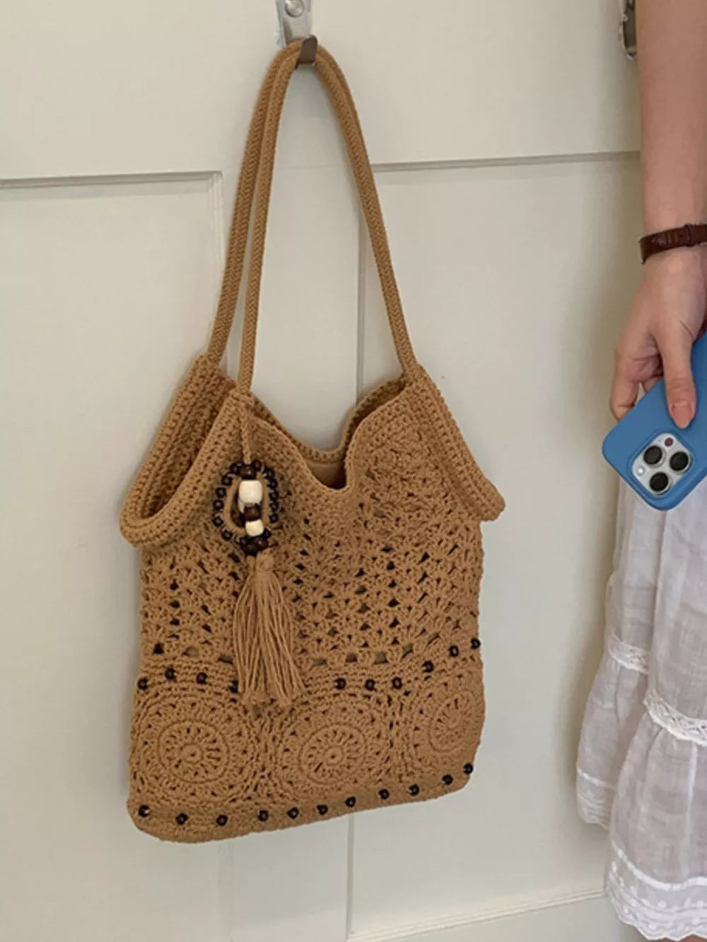 Knit Crochet Handbag in Brown, product detail