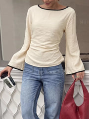 Contrast Trim Flare Sleeve Blouse in Beige, back view