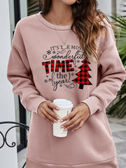 Dusty Pink tunic sweatshirt with holiday graphic and buffalo plaid Christmas tree.