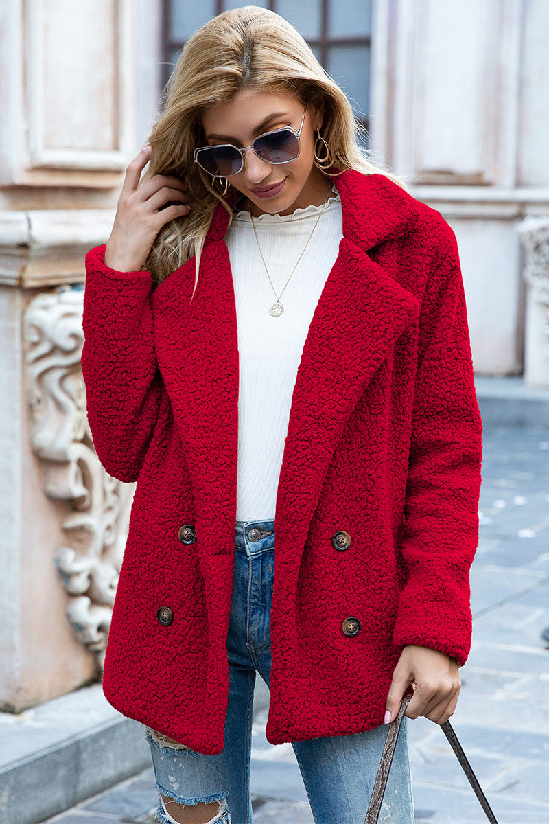 Deep Red teddy pea coat with double-breasted buttons and a textured fleece fabric.