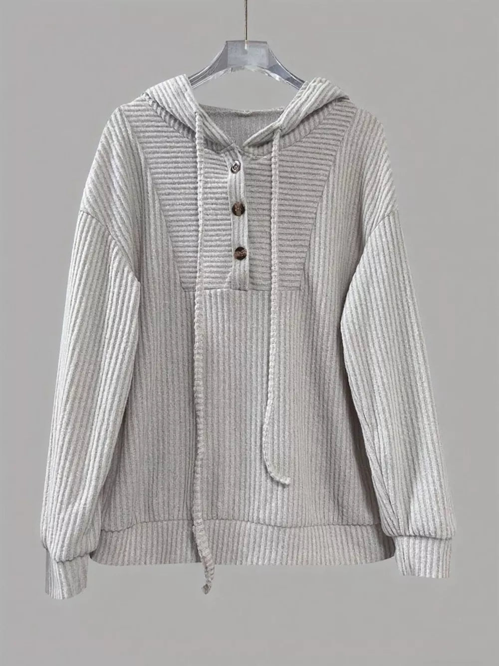 Light Gray button-front drawstring hoodie with textured fabric and a relaxed fit.