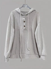 Light Gray button-front drawstring hoodie with textured fabric and a relaxed fit.