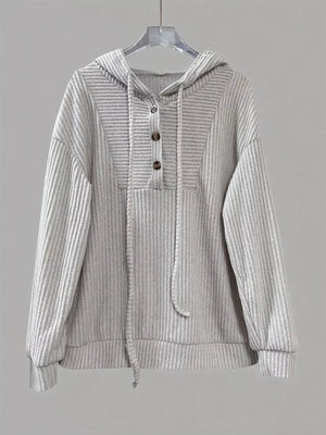 Light Gray button-front drawstring hoodie with textured fabric and a relaxed fit.