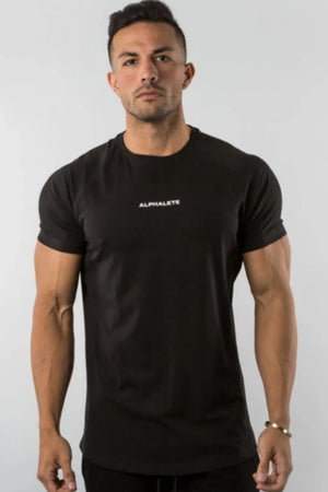 Black crew neck athletic t-shirt with white logo detail