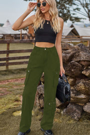 Army green corduroy cargo pants with relaxed wide leg and utility pockets.