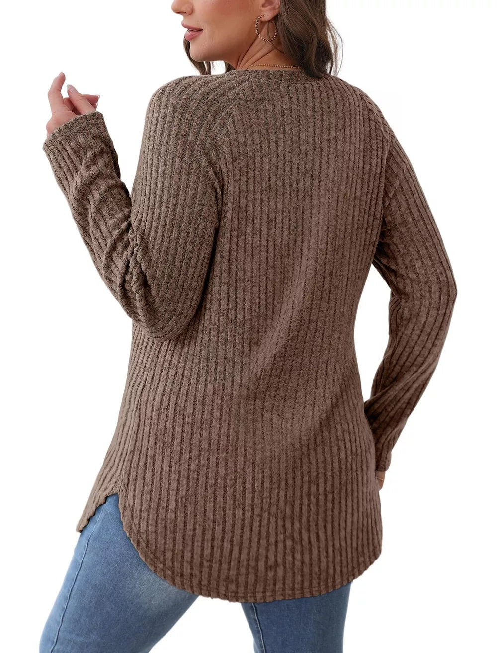 Ribbed knit long sleeve maternity t-shirt in caramel color with crew neck and curved hem.