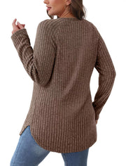 Ribbed knit long sleeve maternity t-shirt in caramel color with crew neck and curved hem.