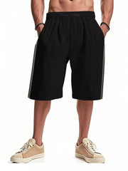 Black bermuda shorts with drawstring and side stripe detail.