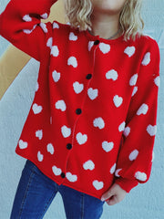 Deep Red button-down cardigan with textured white heart pattern, acrylic knit, round neck.