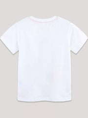 White cotton t-shirt with pink stitched neckline, short sleeves, and graphic detail.