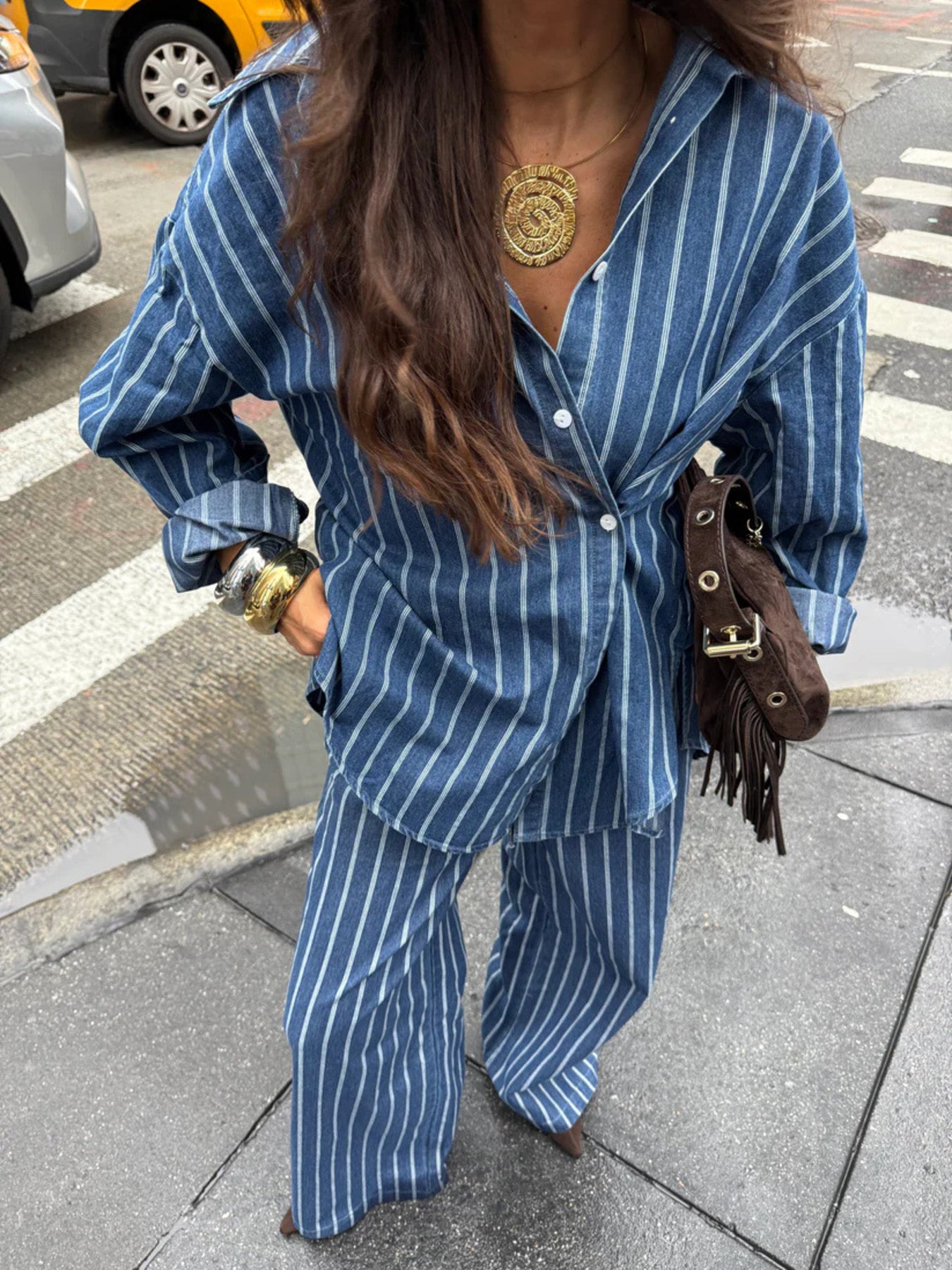 Blue striped button-up shirt and wide-leg pants set, casual comfortable women's outfit