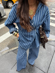 Blue striped button-up shirt and wide-leg pants set, casual comfortable women's outfit