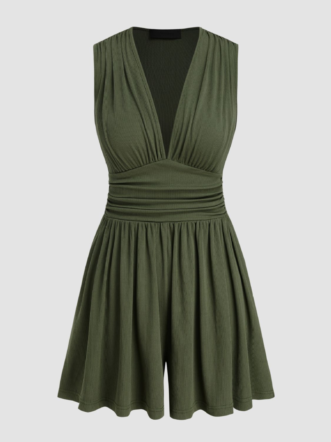 Army green ribbed plunge romper with ruched waist detail