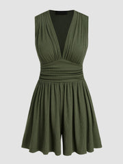 Army green ribbed plunge romper with ruched waist detail