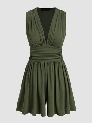 Army green ribbed plunge romper with ruched waist detail