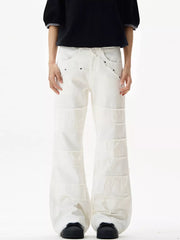 White stretch flare jeans with frayed hem detail and a paneled design.
