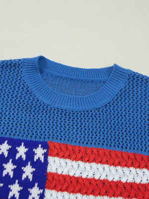 Patriotic flag graphic knit top with crew neck and open knit detail.