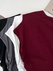 Wine red textured ruching mock neck tank top with draped detail