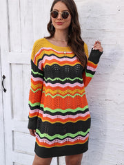 Chevron stripe knit mini dress with crew neck and long sleeves in a multicolor pattern.